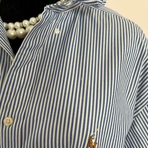 Ralph Lauren Blue and White Stripe Button-Down Shirt with Polo Logo